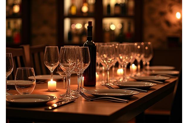 Elegantly set table in the Wine Cellar for an intimate dinner